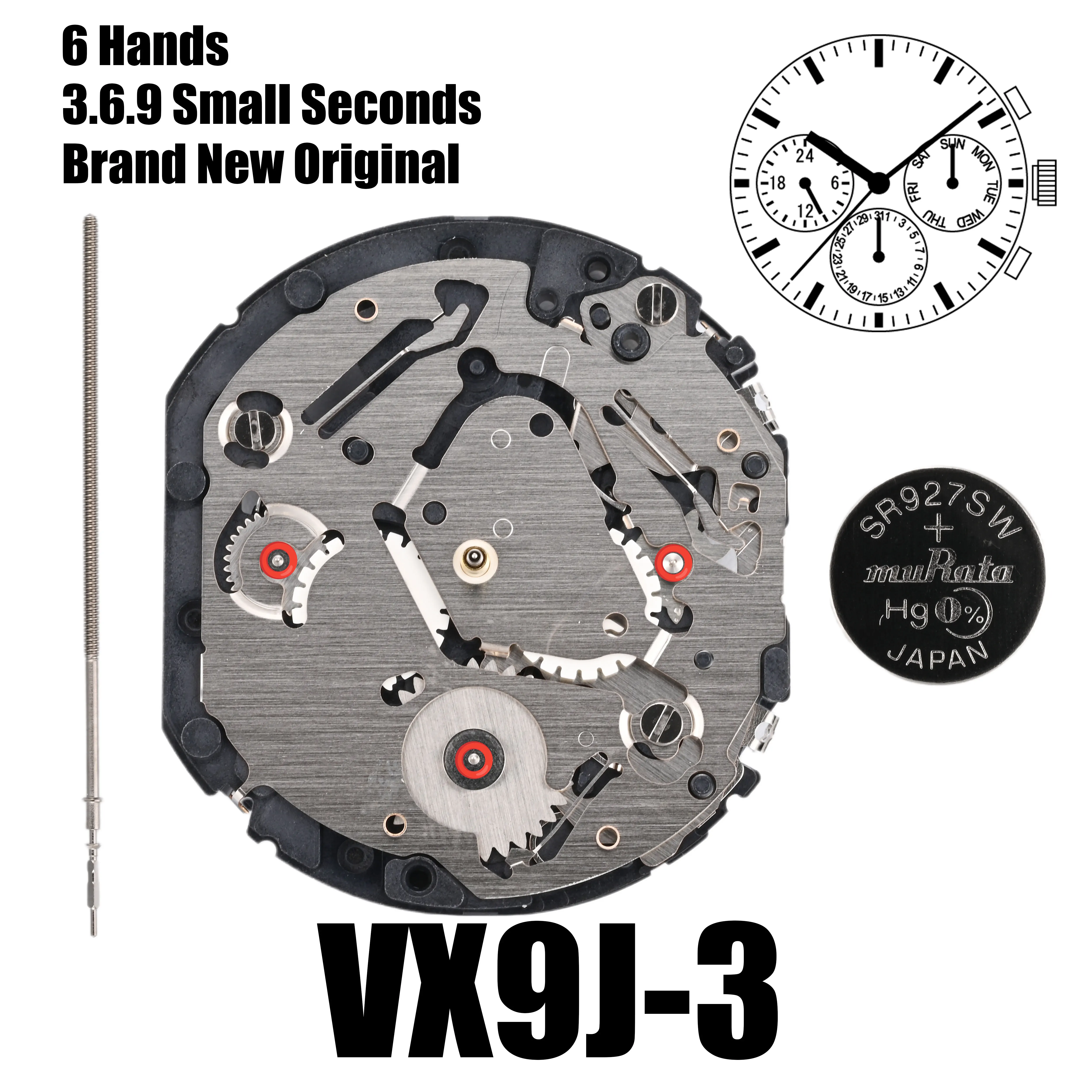 Genuine VX9J Movement epson VX9JE Movement Six Hands 3.6.9 Small Seconds Size:12 3/4'''Day / Date / 24 Hour