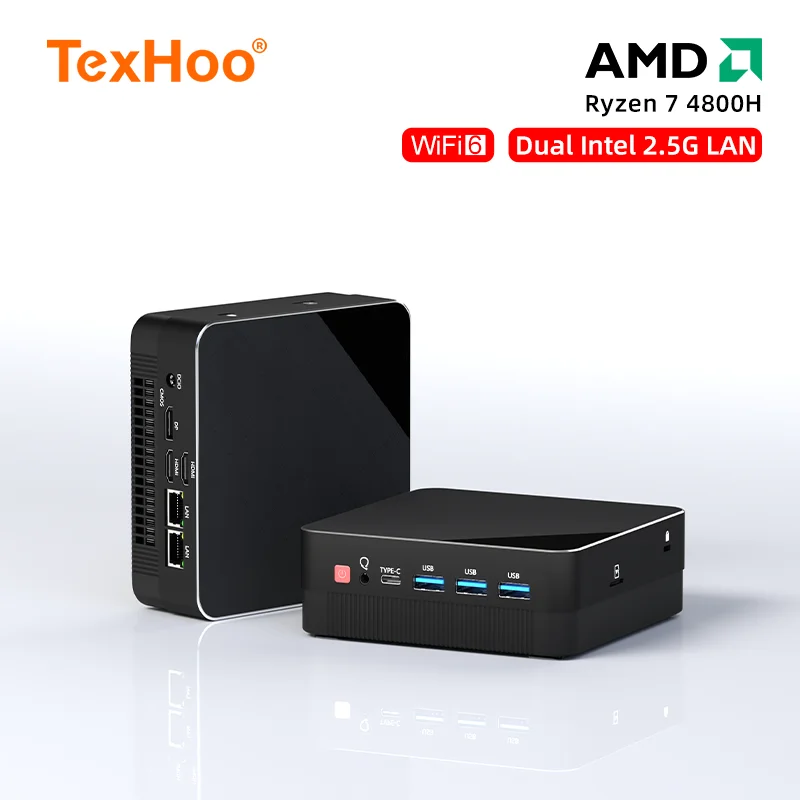 TexHoo Mini PC Computer Gaming AMD Ryzen7 4800H Pocket Dual HD-MI LAN WIFI6  NUC Office DDR4 NVMe Four Display