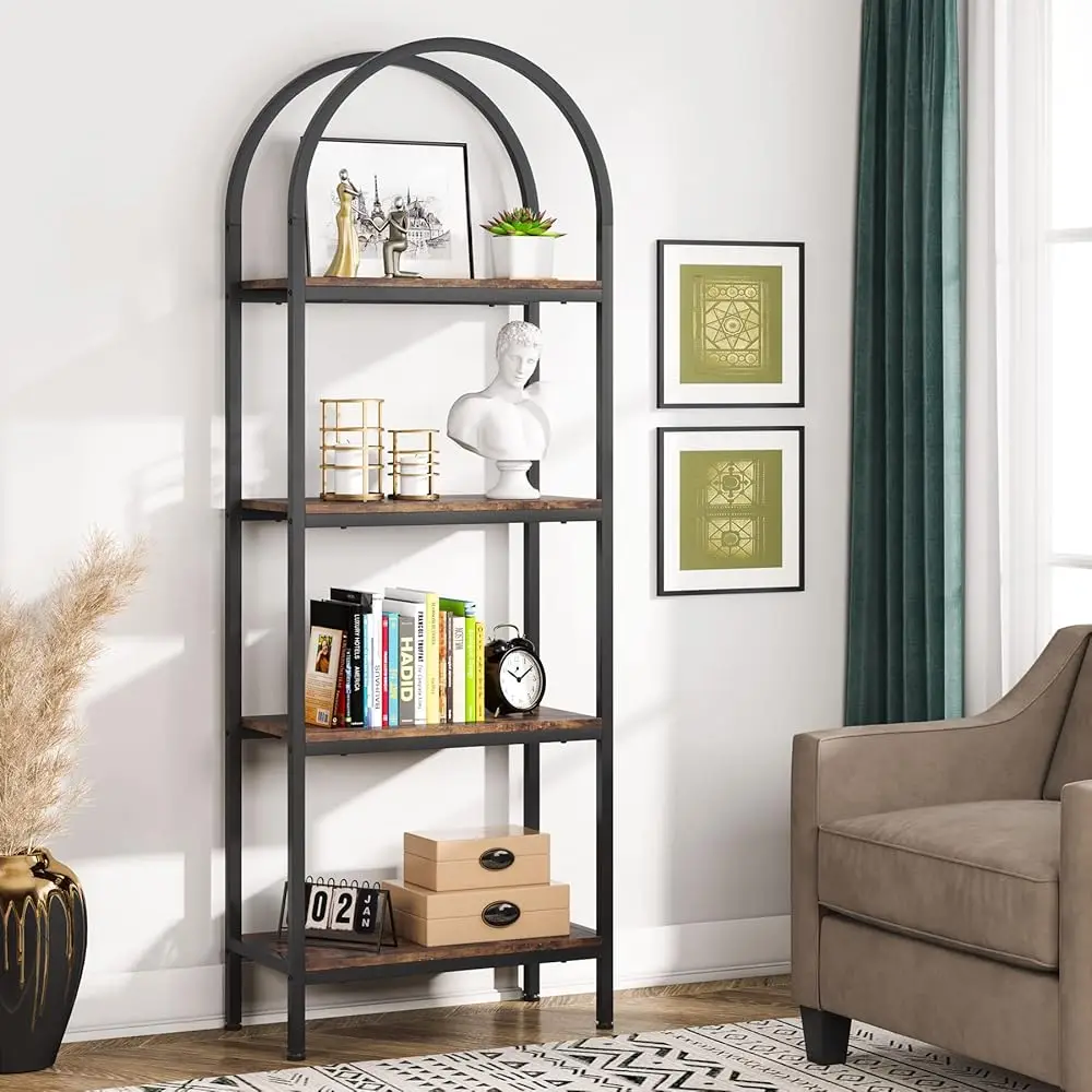 4-Tier Open Bookshelf, 70.8"" Industrial Arched Bookcase Storage Shelves With Metal Frame, Freestanding Display Ra Tall