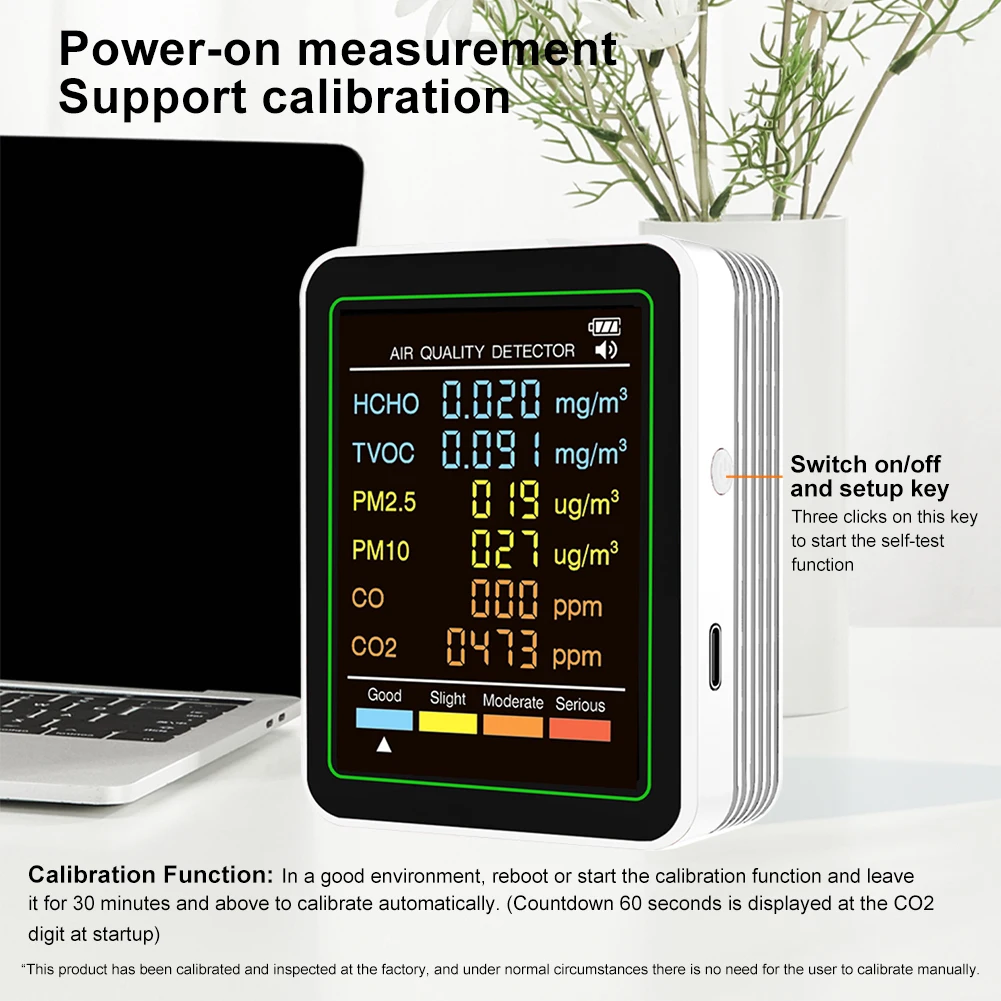 6-in-1 Air Quality Tester Real-Time Air Quality Meter Portable Temperature Humidity Detector for Home Cars Plants