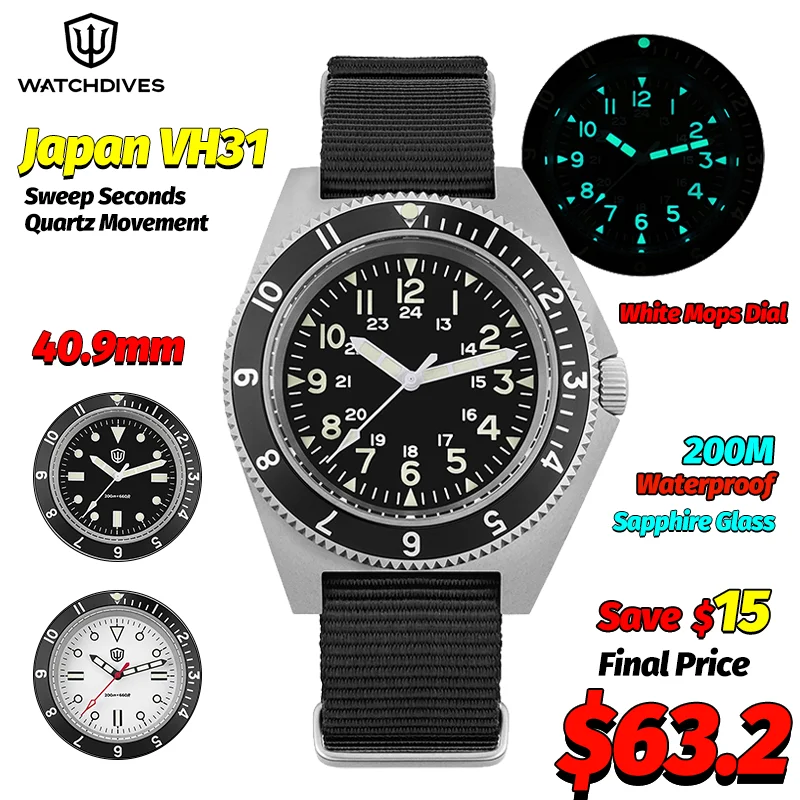 Watchdives WD1972 Quartz Watch Sapphire Luminous Men Watches VH31 Sweep Seconds Movement 20Bar Waterproof Watches with Gift Box