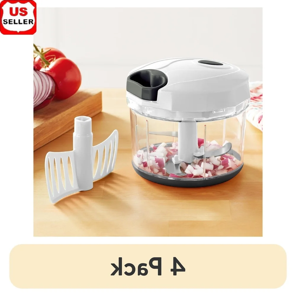4 Pack 1qt Quick Pull Chopper with Stainless Steel Blades BPA Free Safe Material Vegetables Fruits Meat Easy Clean