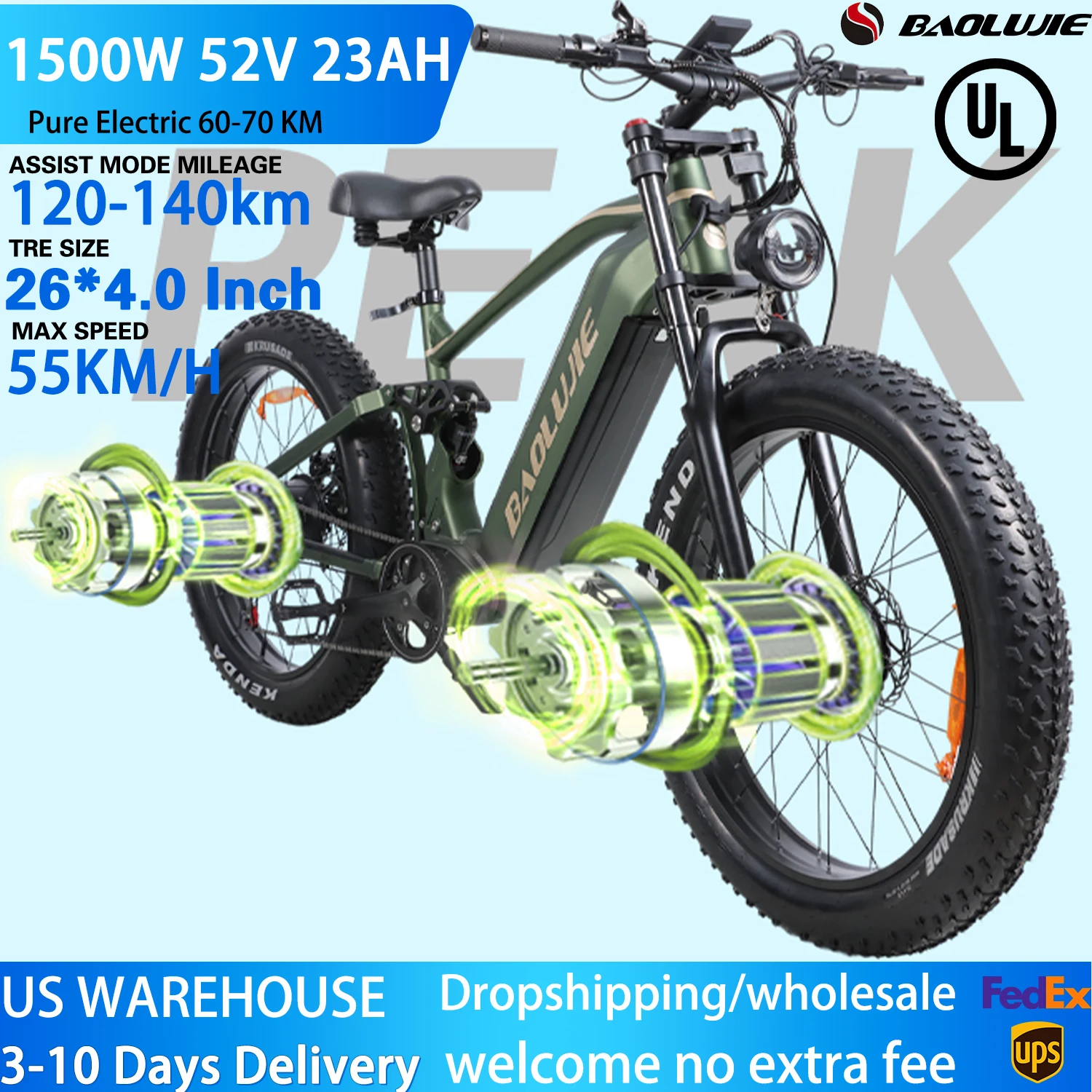 BAOLUJIE1500W Ebike Mountain E-bike Fat Tire 52V23AH Battery Electric Bicycle Max Speed 55KM/H Electric Bike for Adults Off-road