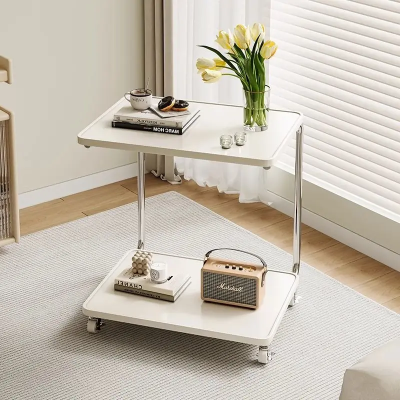 Stylish Iron Wheeled Mobile Side Table, Multi-Purpose End Table with Storage for Sofa Bedroom Dorm Living Room Decor