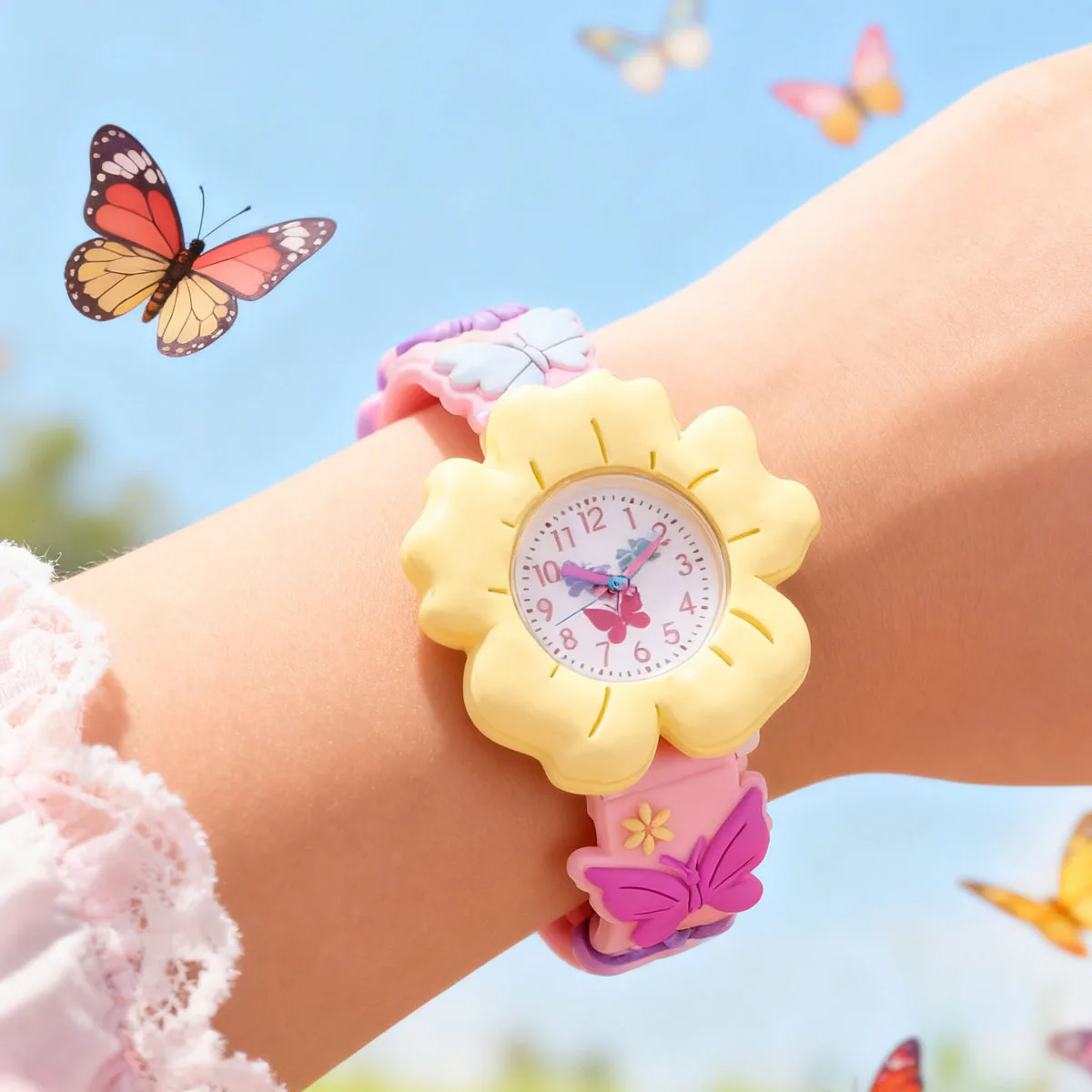 1pc-Cute Butterfly Flower Colored Quartz Watch, Versatile Cartoon Watch for Students and Children