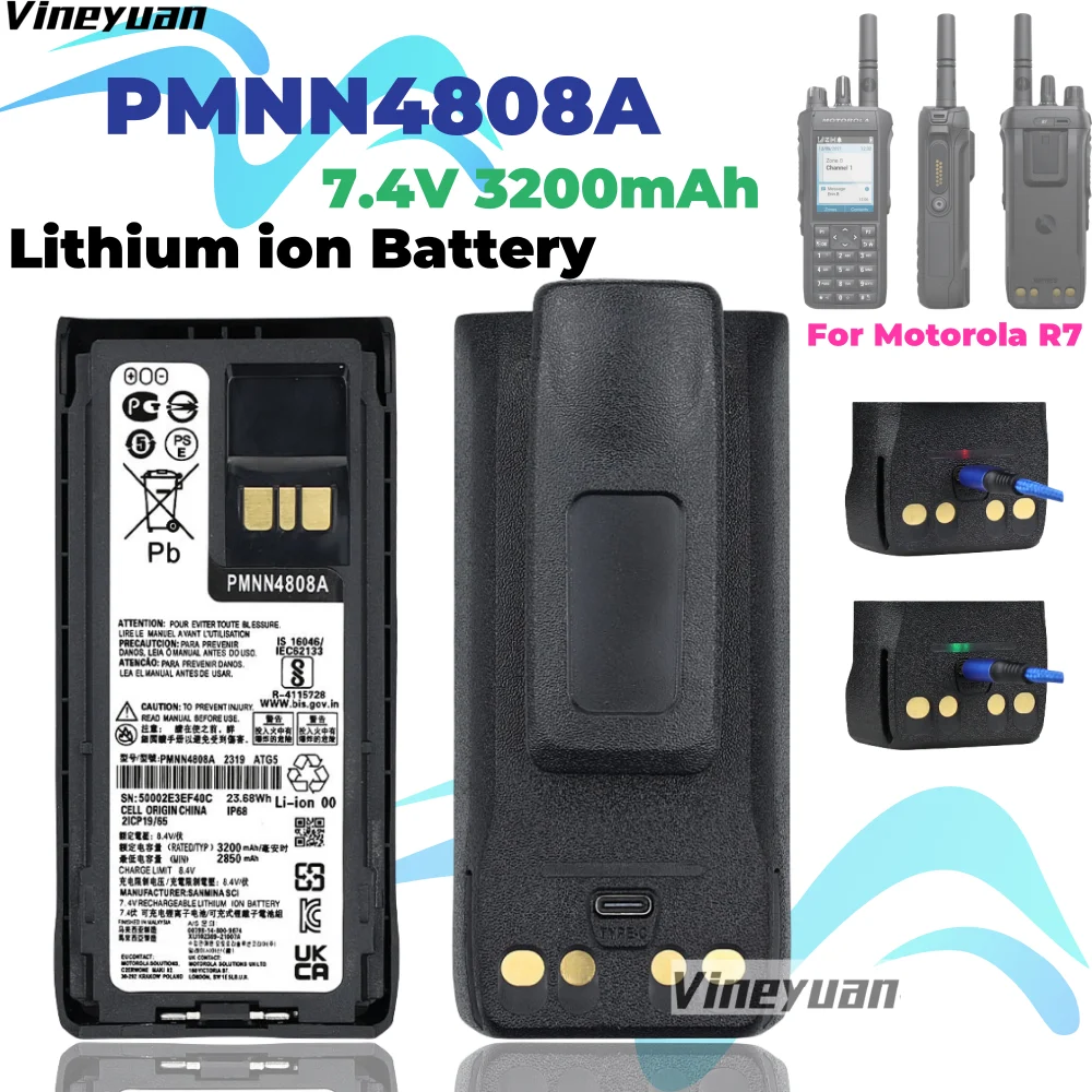 PMNN4808A NEW 7.4V 3200mAh Rechargable Battery with Type-C USB Charging for Motorola R7 R7A PMNN4807 PMNN4809 Two Way Radio