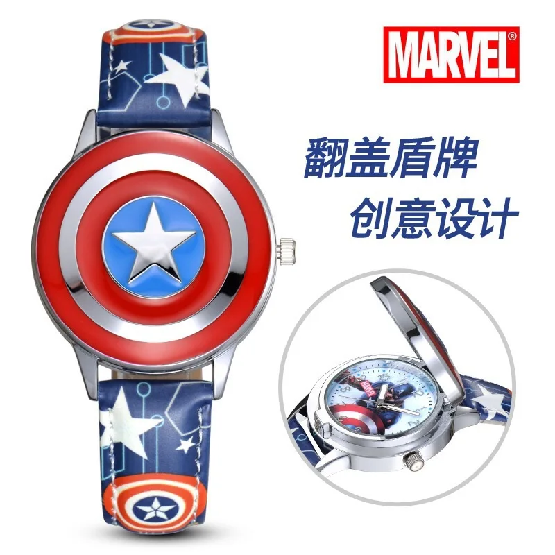 Disney spiderman Kids watch Captain America ironman children's watches Leather Quartz Flip Metal Case Watches Boys Clock gifts