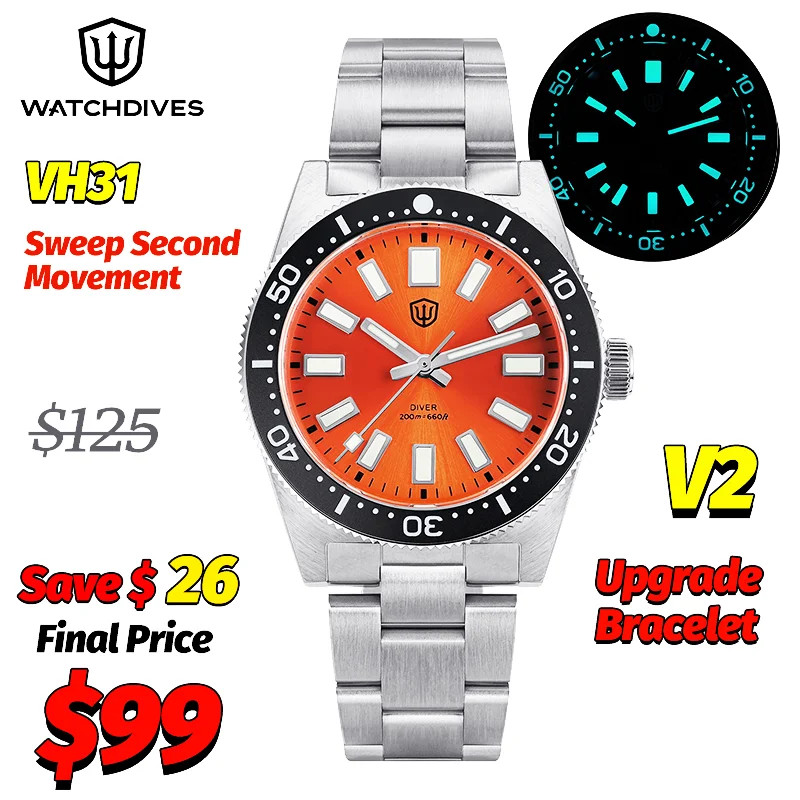 Watchdives WD1965 V2 Quartz Watch Orange Vh31 Movement Bgw9 Luminous Business Watch 20Bar Waterproof Sapphire Wristwatch Gift