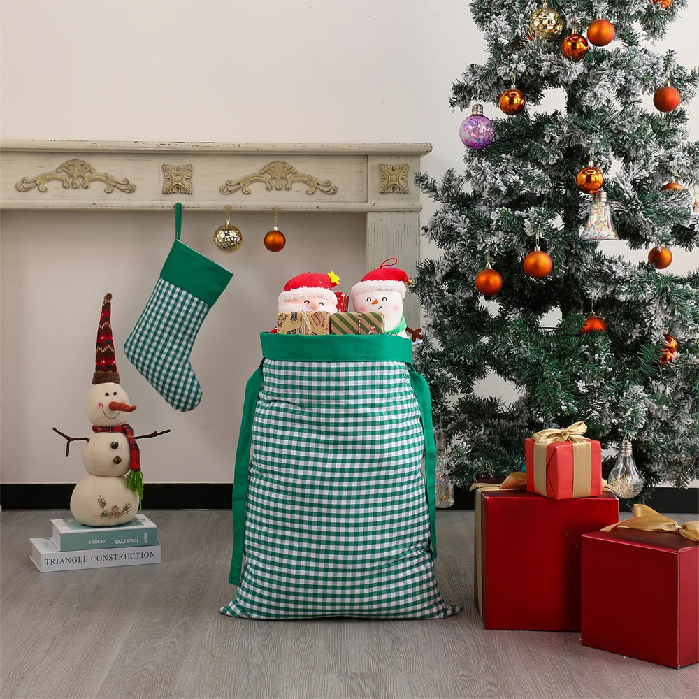 Large Plaid Christmas Santa Sack For Present Merry Christmas Home Decoration Canvas Drawstring Gift Bag For Kids