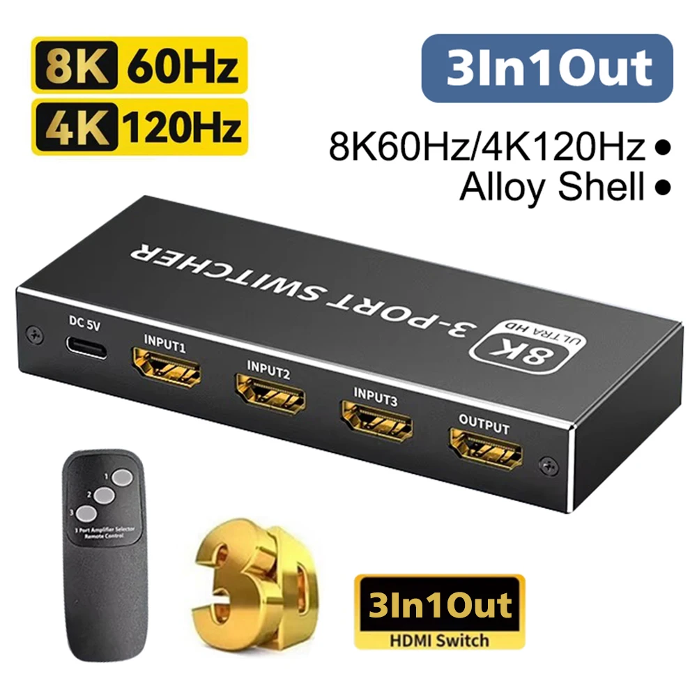 3 Port 3 in 1 HDMI-compatible 2.1 Switch 8K 60Hz 4K120Hz Switch With Remote Control for PS4/5 Xbox 360 set-top box to TV monitor