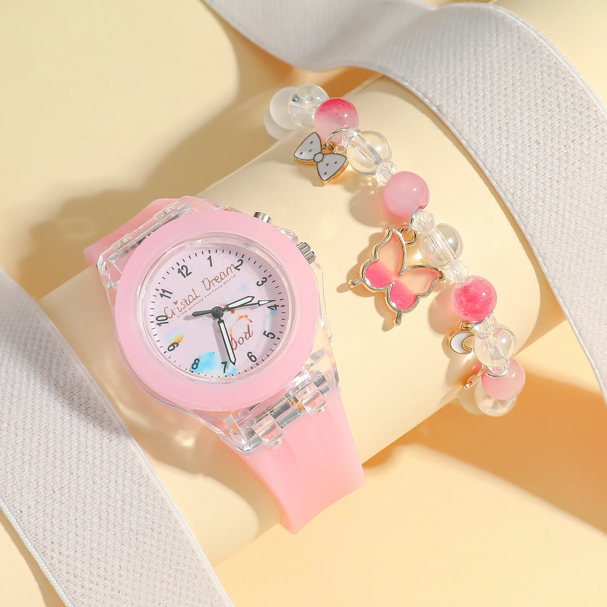 No gift box Macaron watch; 7-color luminous silicone quartz watch   string of beads bracelet 2-piece set