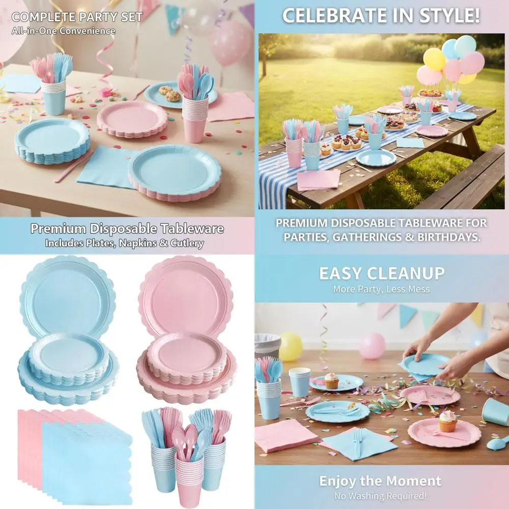 100-Count 7 & 9 Scalloped Plates, Pink & Blue Cutlery, Cups, Napkins for 100 Guests Gender Reveal Party