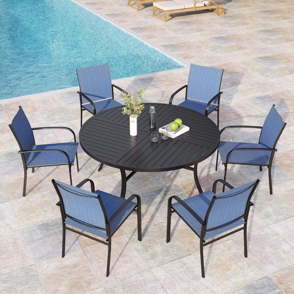 7 Pieces Outdoor Table and Chairs, Patio Dining Set for 6 Includes 54" Round Outdoor Table and 6 Patio Chair Set, Outdoor Dining