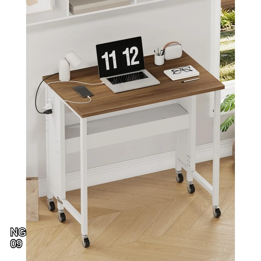 31.5" Folding Desk with Power Outlets, Wheels & Storage for Small Spaces in Rustic Brown and White