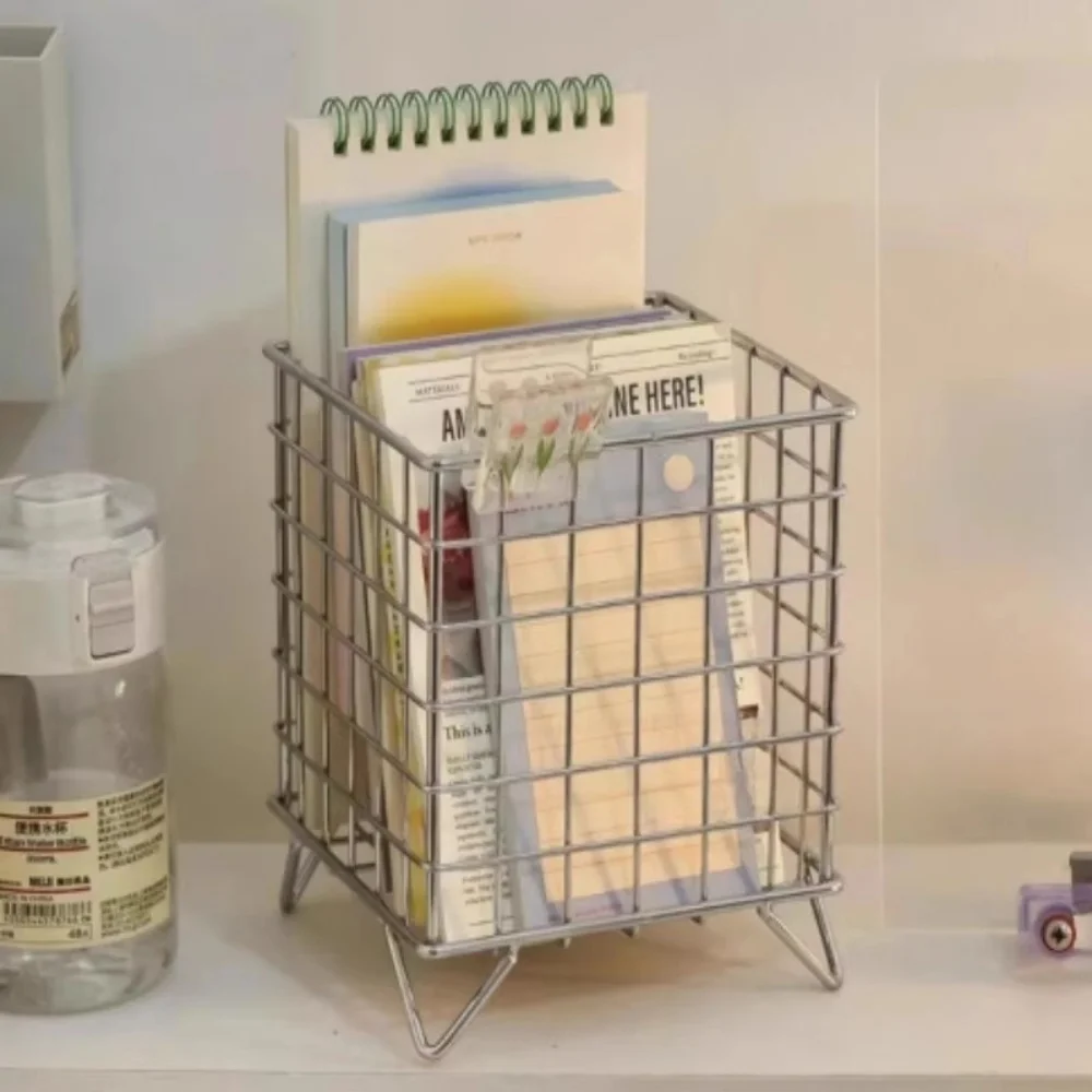 Desktop Iron Storage Basket Large Capacity Magazine Newspaper Notebook Makeup Storage Rack Dormitory Office Sorting Storage Box