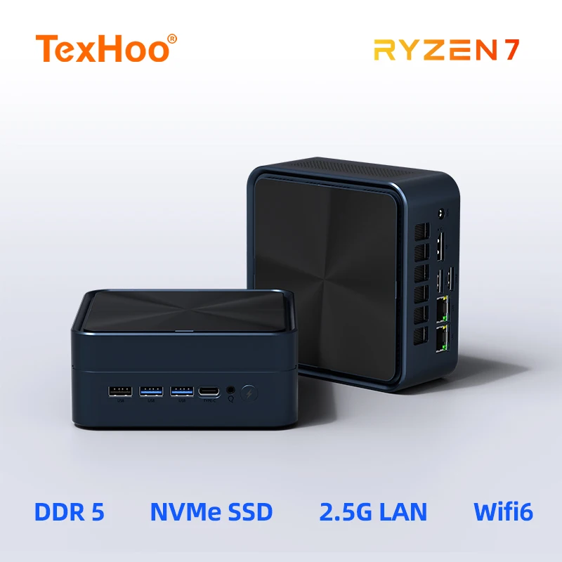 TexHoo Mini PC AMD R7 7735HS  up to 64G DDR5 1T NVMe Dual 2.5G LAN HDMI DP Wifi6 WDesktop Gaming Computer Dual network ports