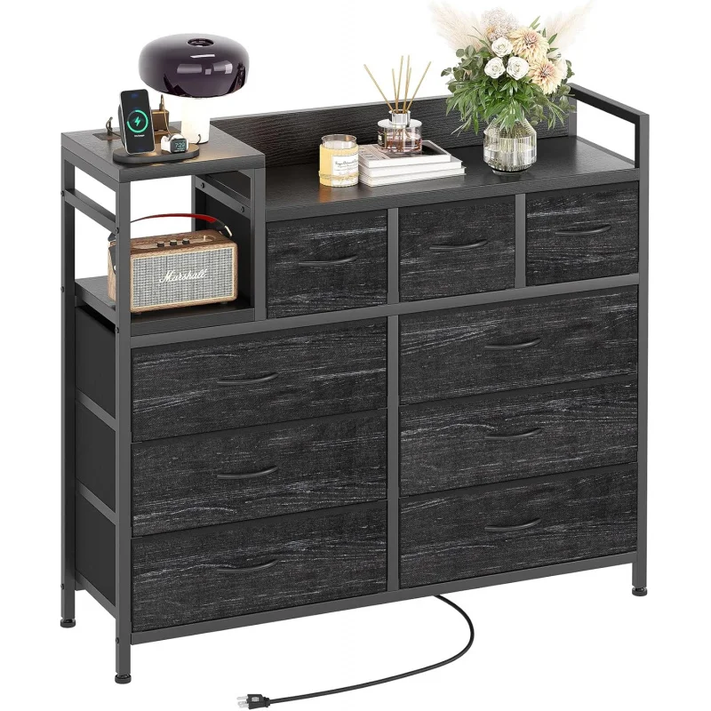 9 Drawer Storage Bedroom Dresser TV Stand |   Multi-Functional with Built-in Charging Station Tall Dresser for Closet O