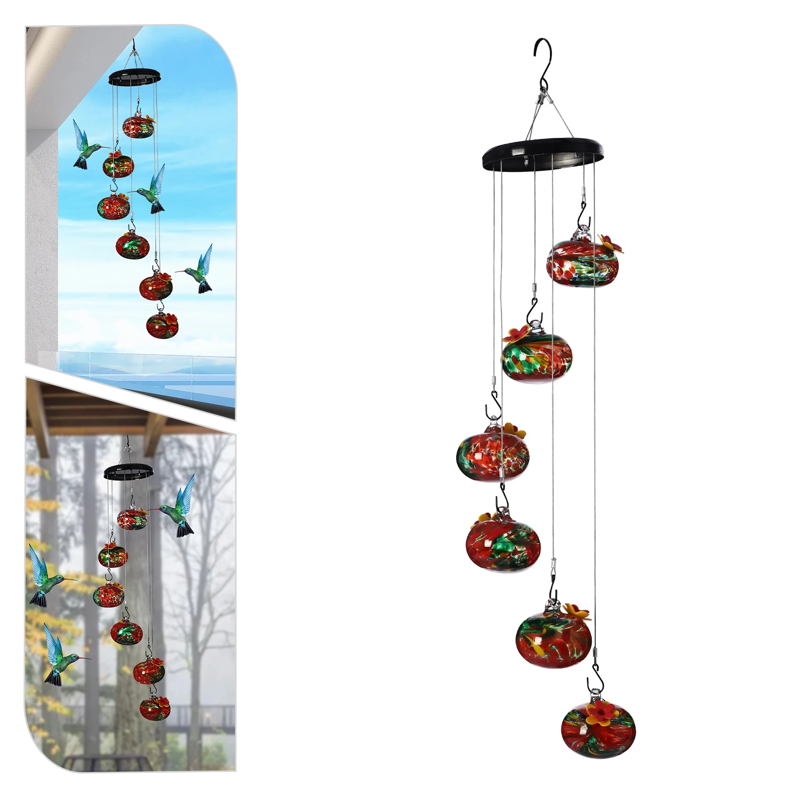 Bird Feeder for Hummingbirds—Flower Ports+Colorful Patterns(Attract Birds), 24.8in Height, Lightweight, Fits Branches/Balconies
