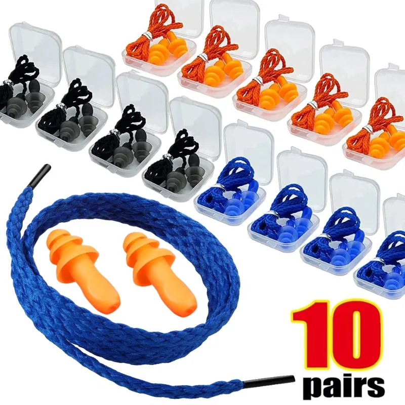 10/1Pairs Silicone Ear Plugs Noise Reduction Waterproof Earplugs with Cord Reusable Corded Earbuds for Swimming Sleeping Working