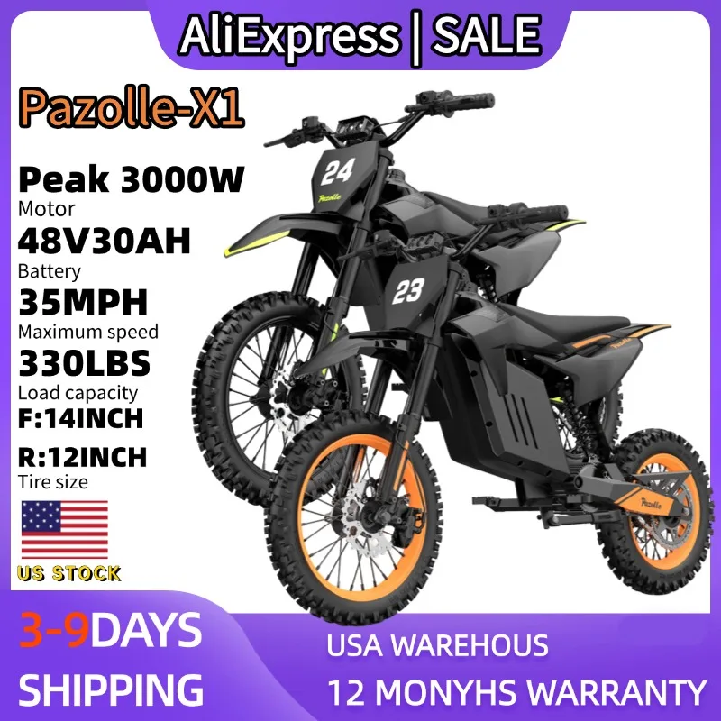 Pazolle Electric Motorcycle 3000W 48V30AH Hydraulic Brakes Electric Dirt Bike for Adults All-Terrain Tires E-Bike 1Year Warranty