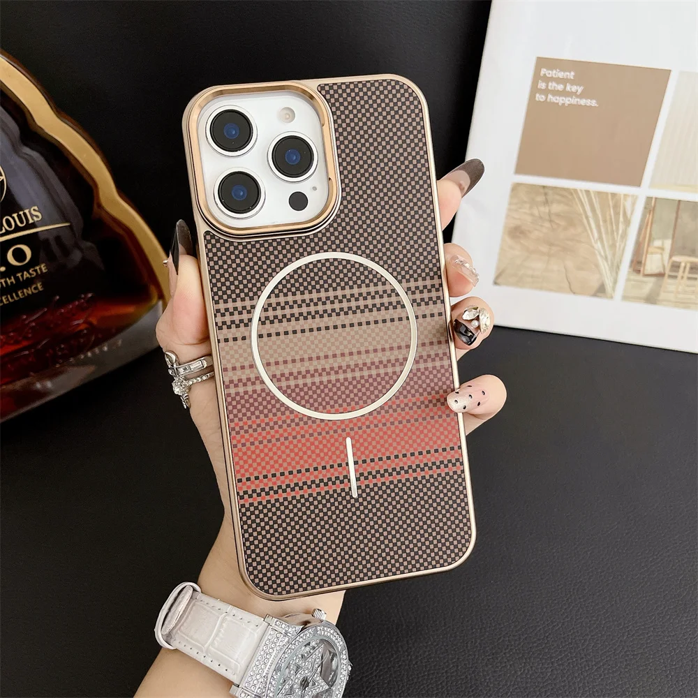 Luxury For Magsafe Gradient Kevlar Carbon Fiber Phone Case For iPhone 16 15 14 13 Pro Max Wireless Charge Colorful Back Cover