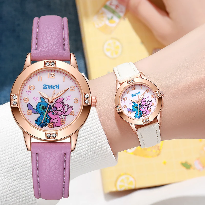 Fashion Cartoon Pattern Stitch Girls Watches Kids Leather Strap Children Watch with Rhinestone Dial reloj stich Exquisite Gift