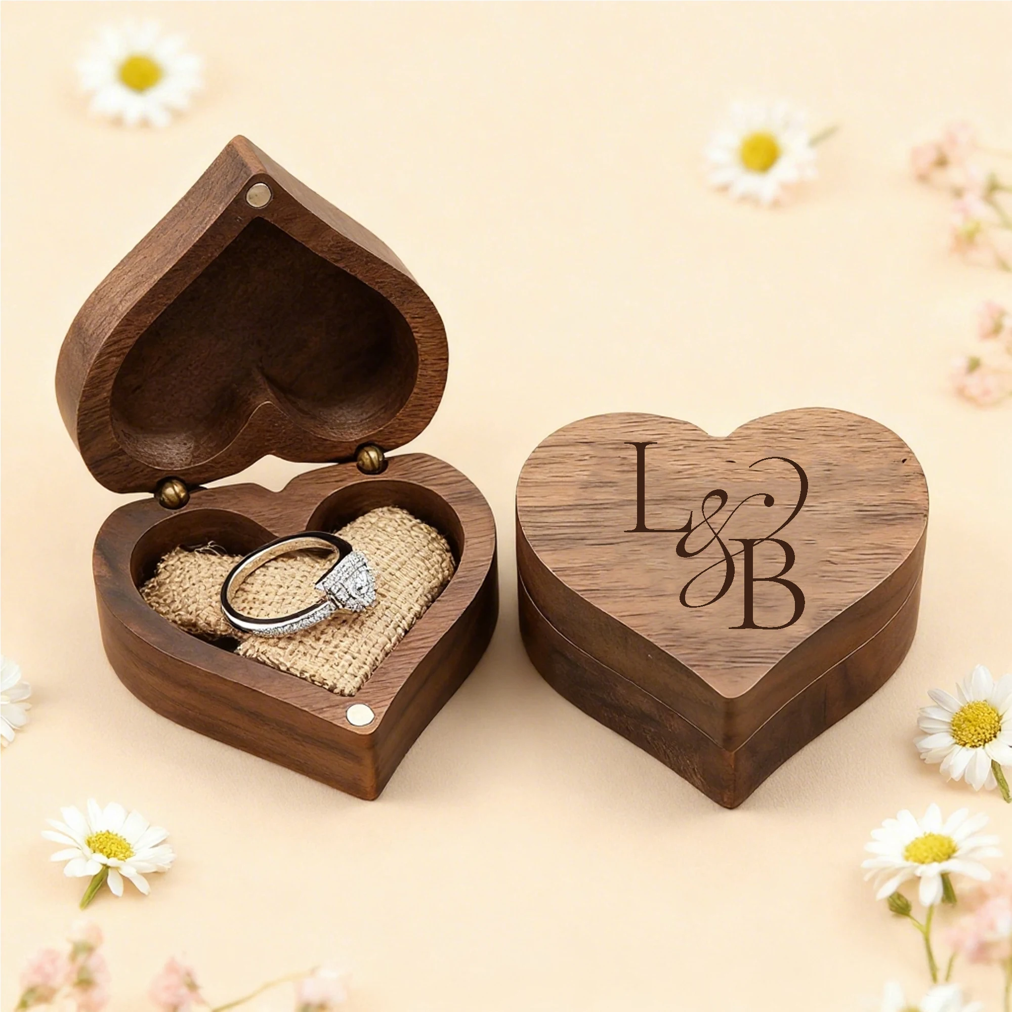 Personalized Heart-Shaped Wooden Wedding Ring Box with Custom Engraving - Elegant Heart Design, Golden-Tone Hardware