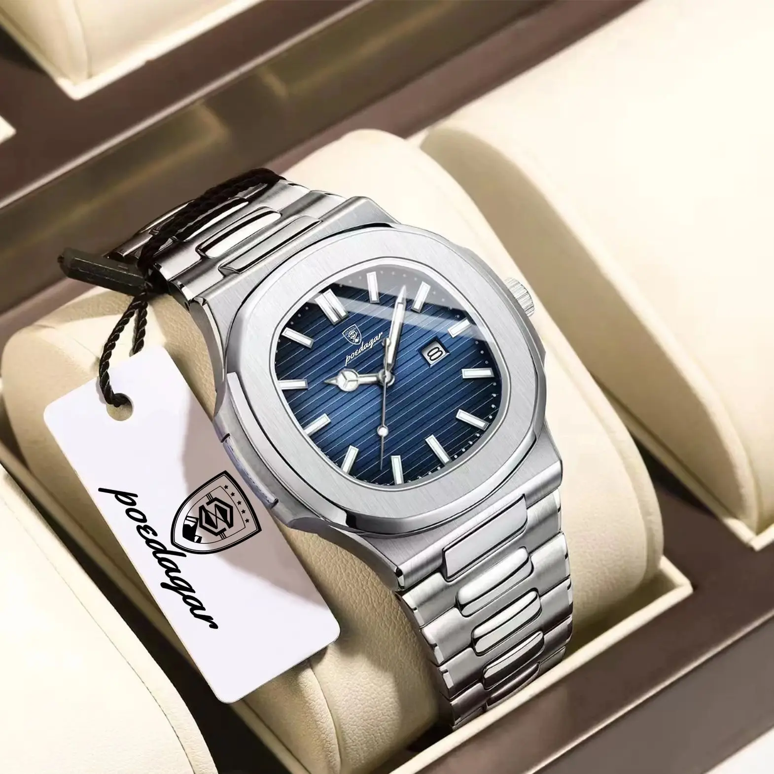 POEDAGAR Casual Couple Watch Waterproof Luminous Date Stainless Steel Love Wristwatch Square Quartz Watches for Boyfriend Reloj