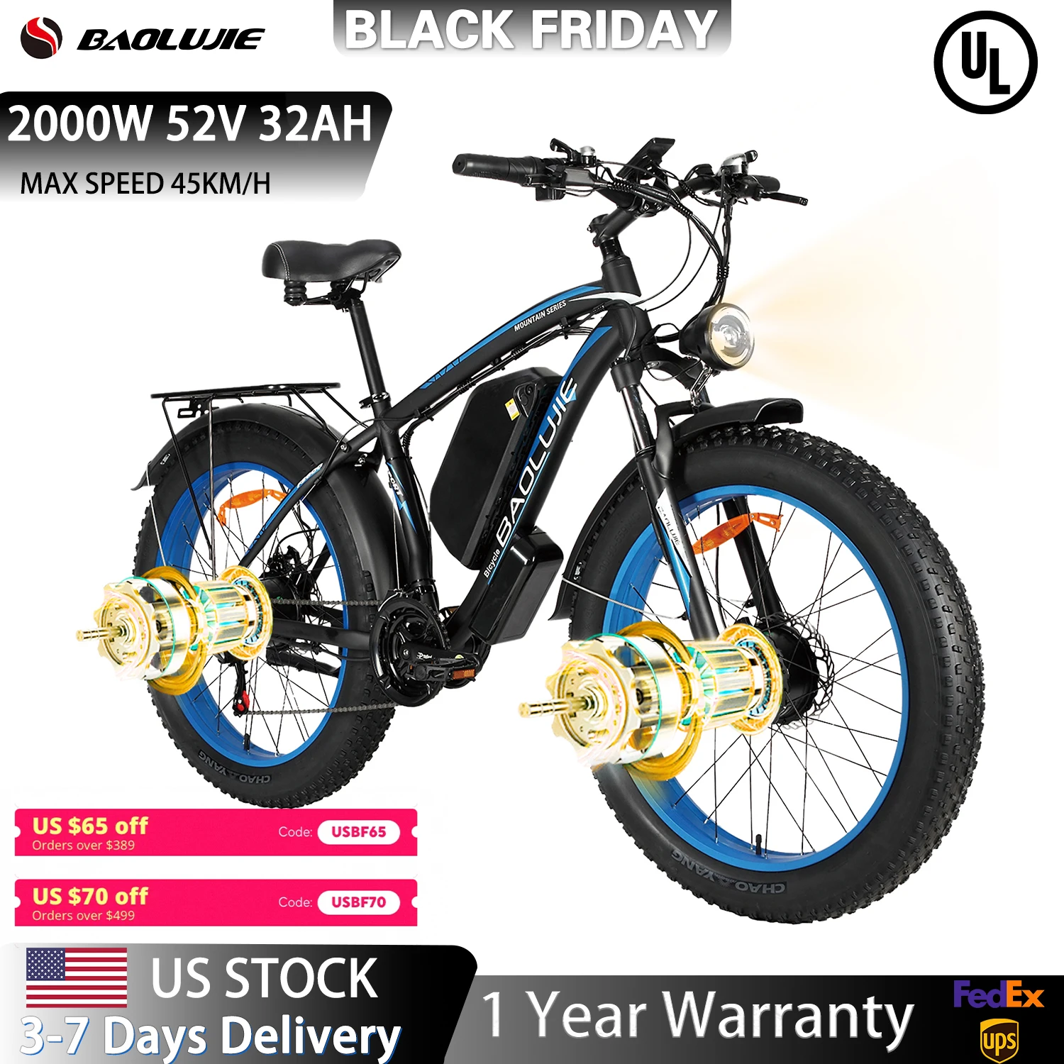 【1 Year Warranty】BAOLUJIE 2602 Electric Bike for Adults 3000W Dual-Motor Electric Bicycle  Hydraulic Brake 26"*4 Fat Tire E-bike