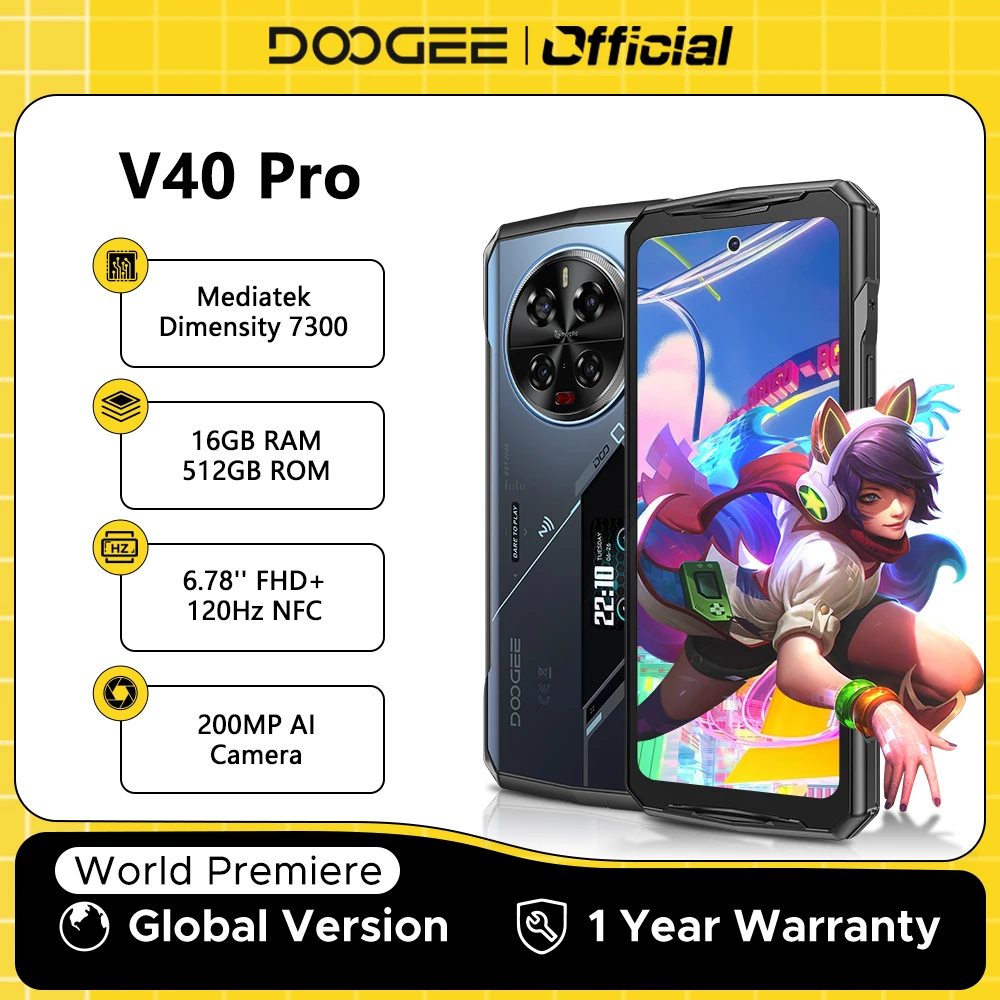 Global Version DOOGEE V40 Pro 5G Rugged Phone 6.78" Display 16GB+512GB Dimensity 7300 200MP AI Camera 8680mAh 33W Fast Charger