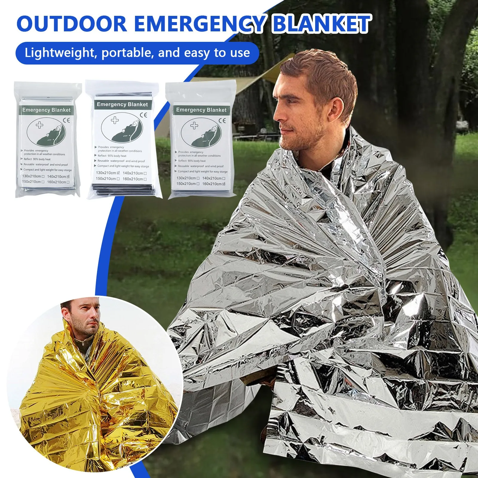 Gold/Silver Emergency And Survival Foil Thermal Space Blanket Camping Blankets For Outdoors Hiking Marathons All Weather Conditi