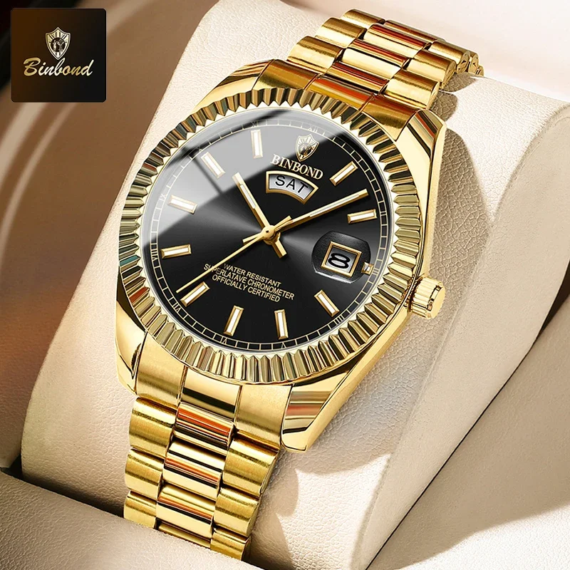 BINBOND B7012 Men's Fashion Business Sports Quartz Watch 30M Waterproof Luminous Classic Calendar Creative Clock Male Wristwatch