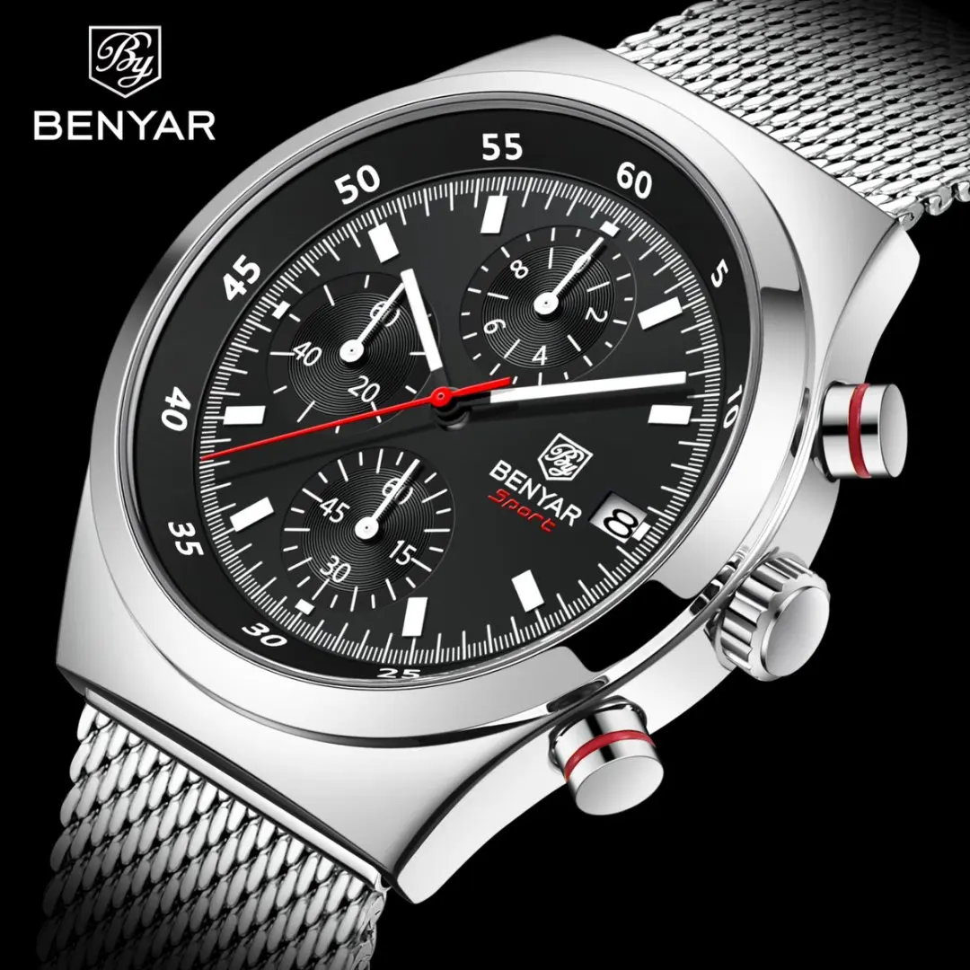 BENYAR Top Luxury Brand Men's Business Leisure Watch Mesh Band Quartz Timing Men's Watch 30 Meter Waterproof