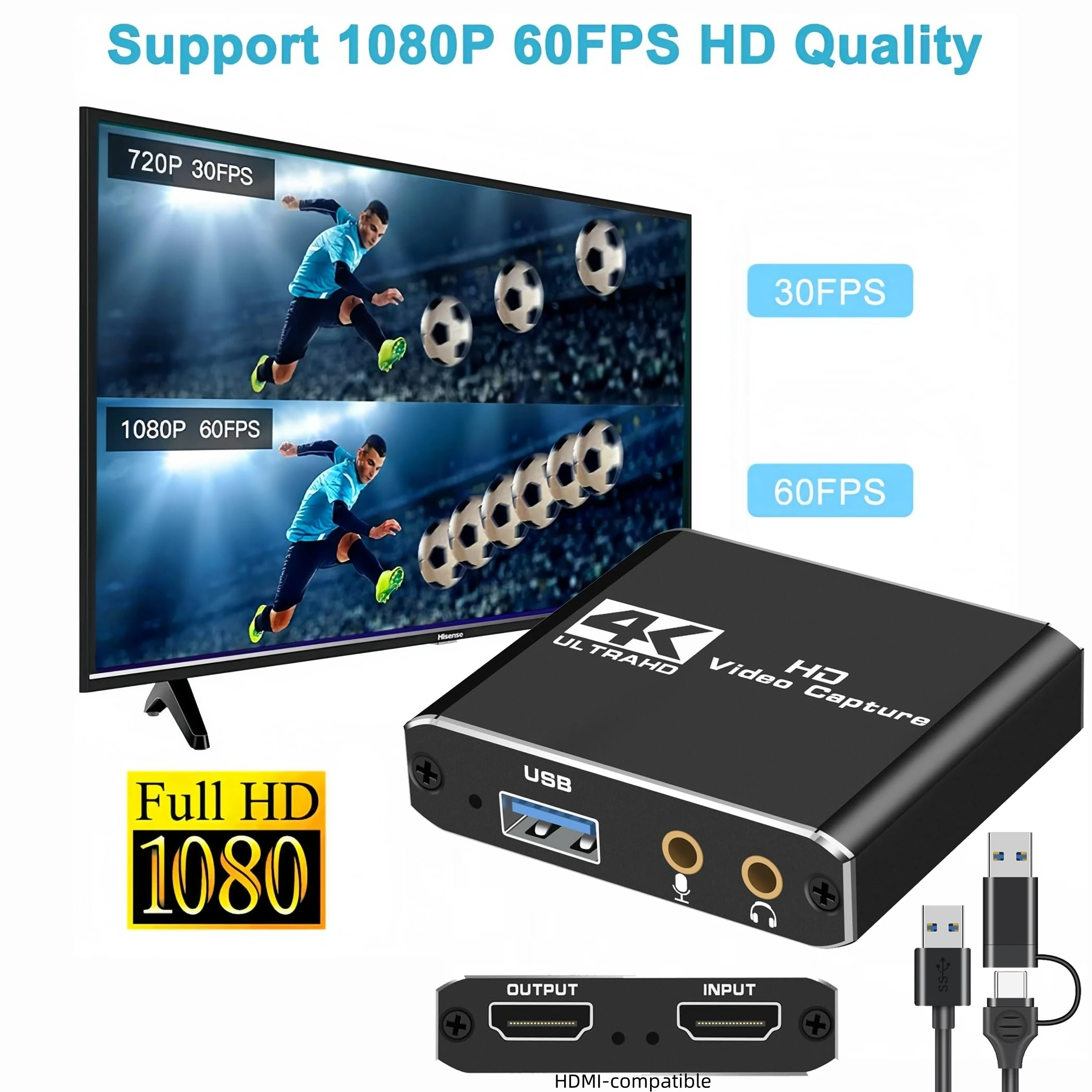 USB 3.0 Capture Card with 4K HDMI-compatible Loop-Out 1080P 60fps Video Audio Recorder for PS5 PS4 PC Gaming/Live Streaming OBS