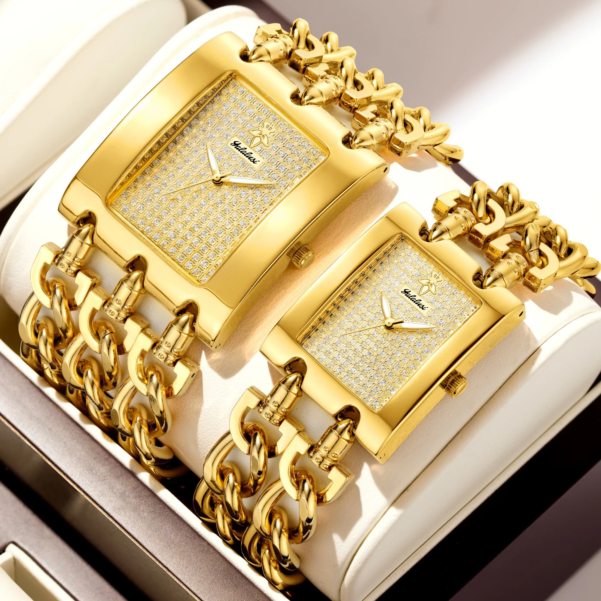 YaLaLuSi Brand Couple Luxury Gold Quartz Watch Square Rhinestone Dial Stylish Gold Chain Haute Sense Party Trendy Couple Gift