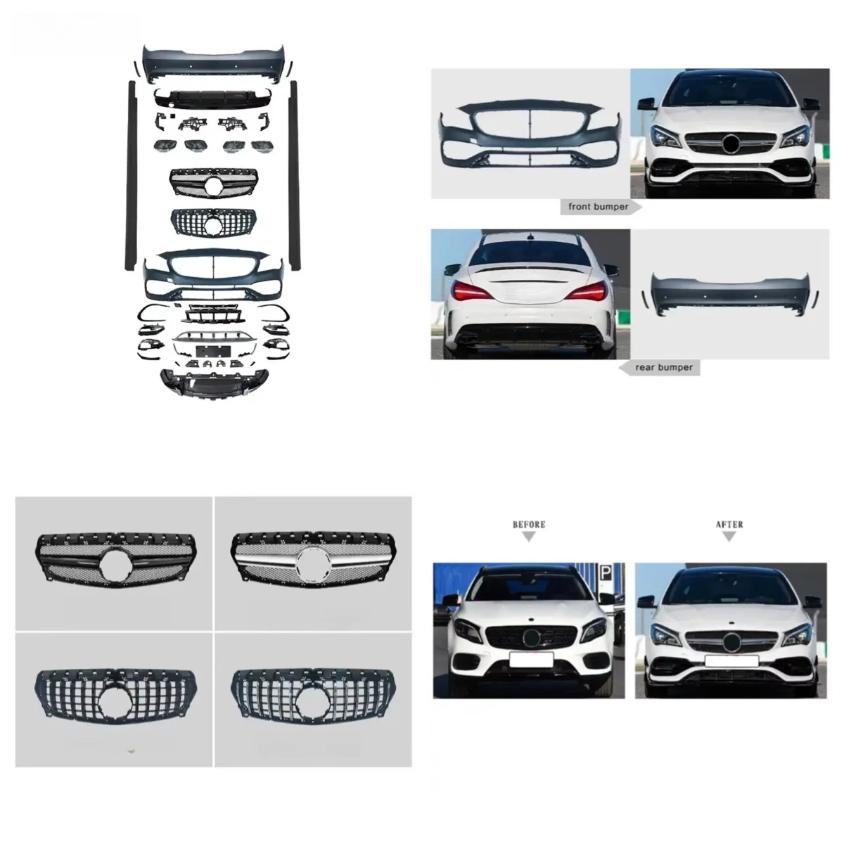 Stlf Car Modified CLA Style Front Bumper Grille And Side Skirts Body Kits For -W117 2013-2019 To CLA45