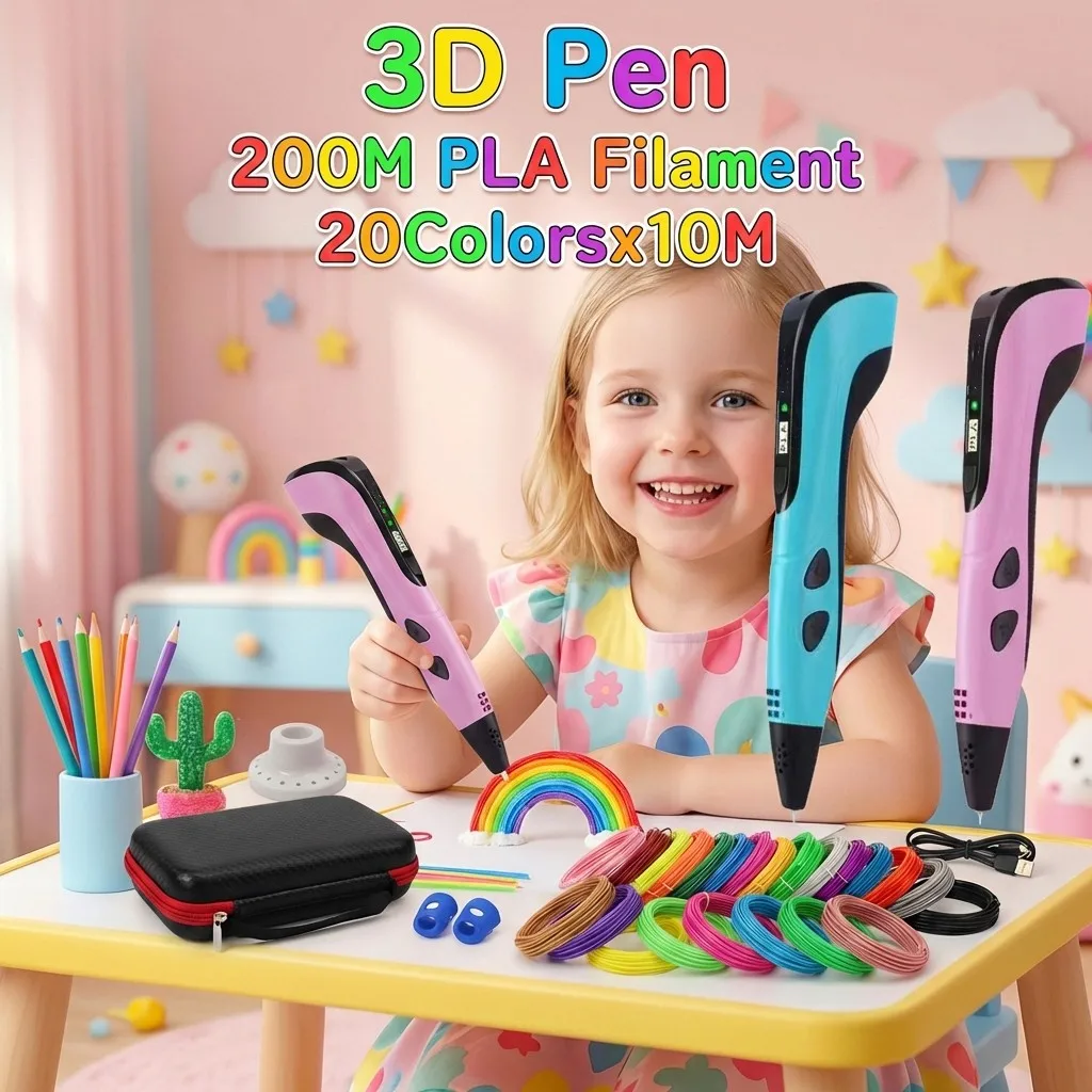 2026 Children 3D Printing Pen with LED Screen 200M PLA USB Travel Box Christmas Birthday Gift 3D Pen Set For Kids.