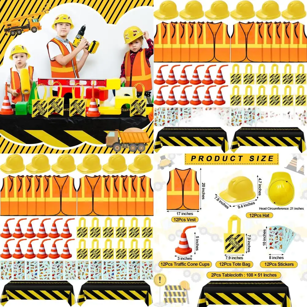Construction Themed Birthday Party Supplies Set for Kids: 62 Pieces Including Vest, Hat, Tote Bag, Tablecloth, Traffic Cone Cups