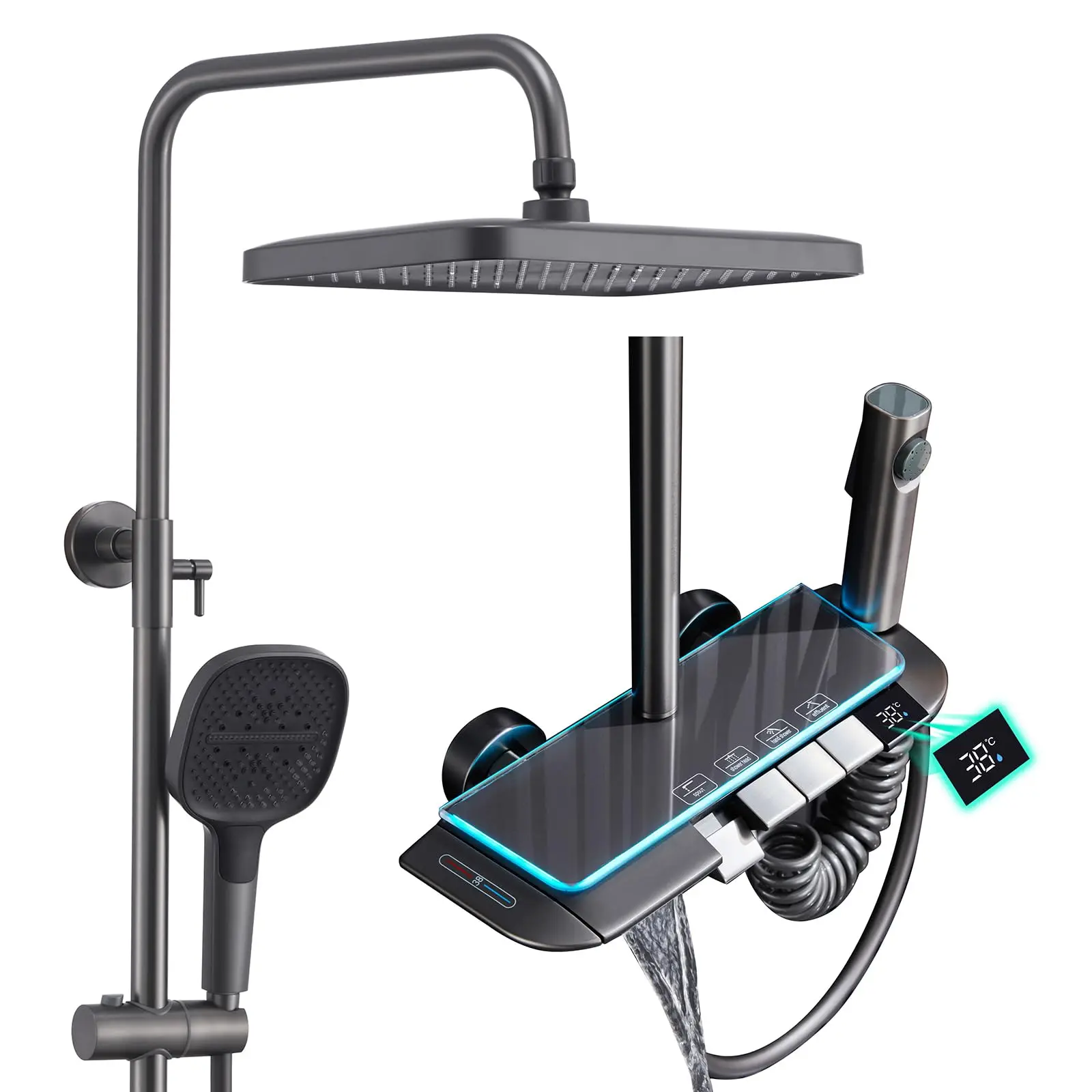 Smart LED Digital Display Temperature Rainfall Bathroom Shower System Gun Grey Brass Wall-Mounted  Thermostatic Shower Set