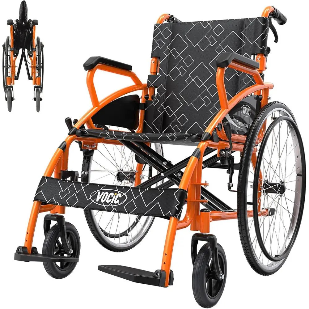 Lightweight Portable Folding Wheelchair for Seniors with Flip-Back Arm Self-Propelled Wheelchair for Seniors with Double-Brake D