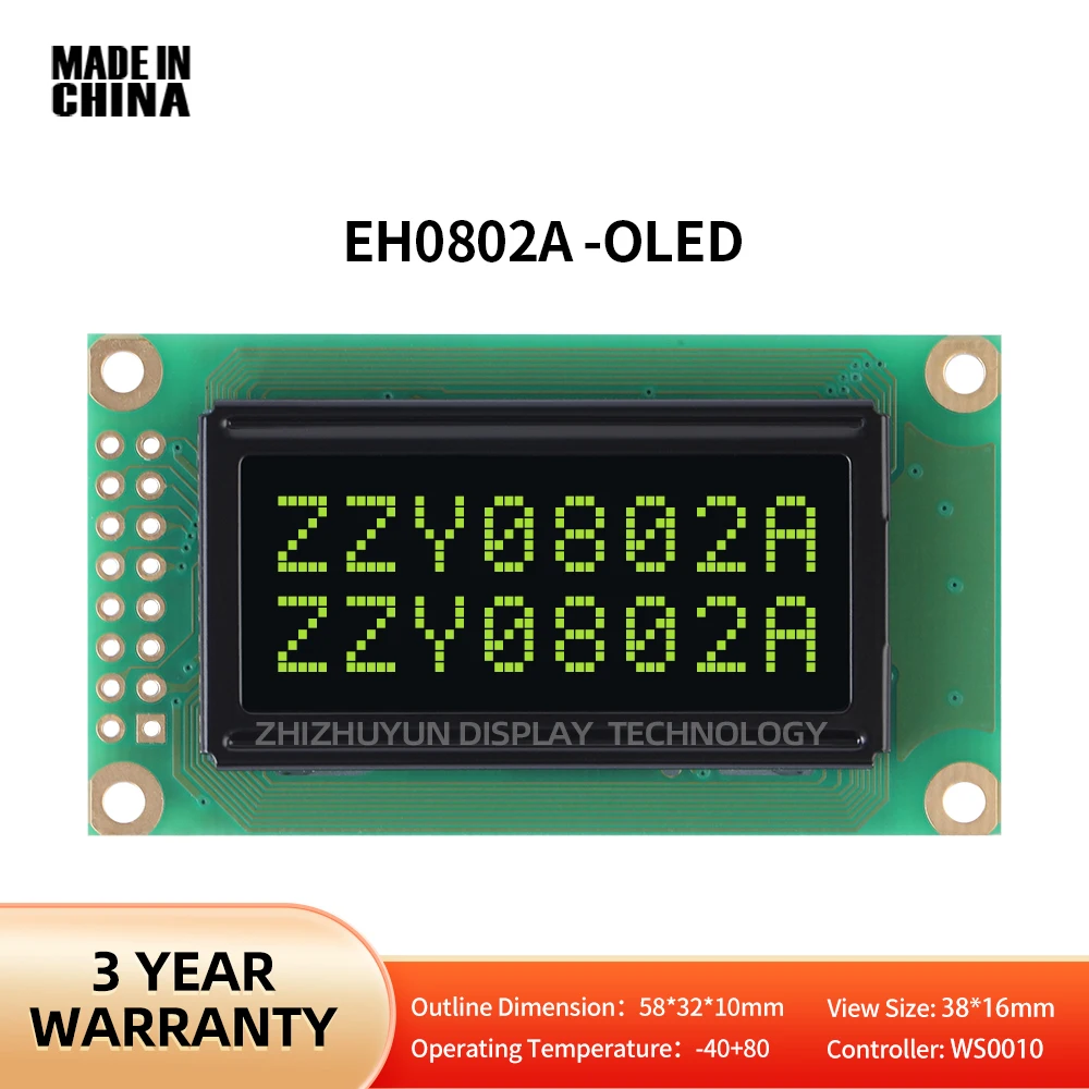EH0802A Yellow On Black OLED Display Screen Left Parallel Interface Compatibility 0802 Working Temperature -40+80 802