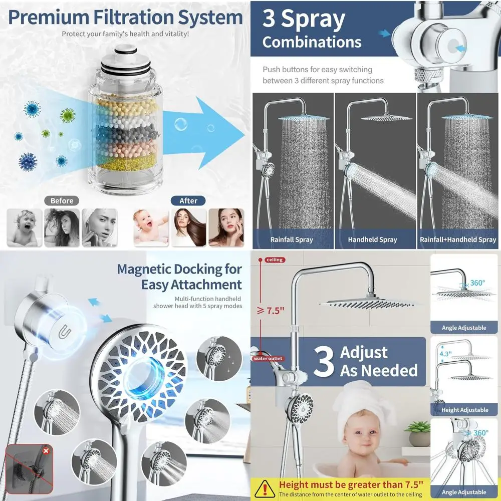 Dual Shower System with Handheld and Rainfall, Magnetic Filter, 79 Hose for Hard Water, Chrome Finish