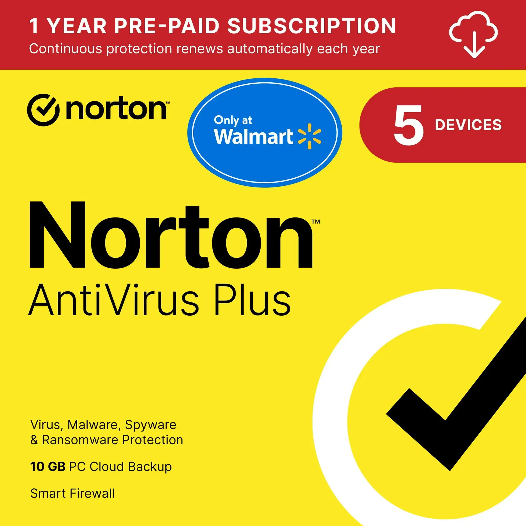 Walmart Exclusive - Norton AntiVirus Plus, 5 Devices, 1 Year Subscription, PC/Mac (Digital Download)