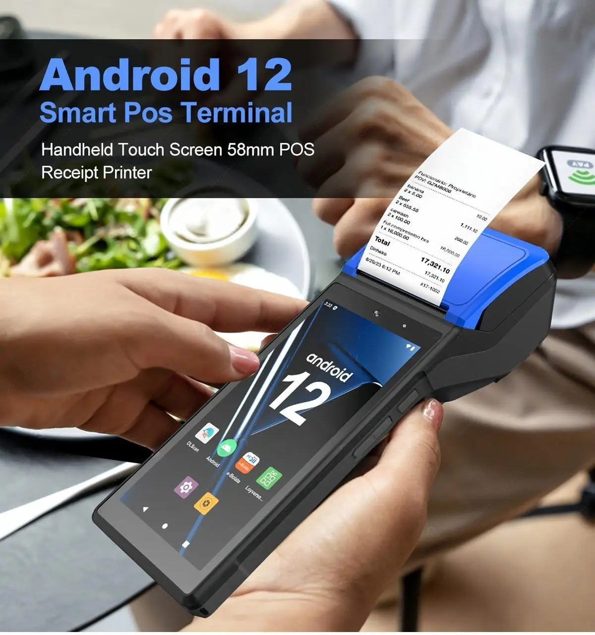 5.45 inch Android 12 POS PDA with 58mm Thermal Receipt Label Sticker Printer NFC 1D/2D QR Barcode Scanner Reader All in one PDA