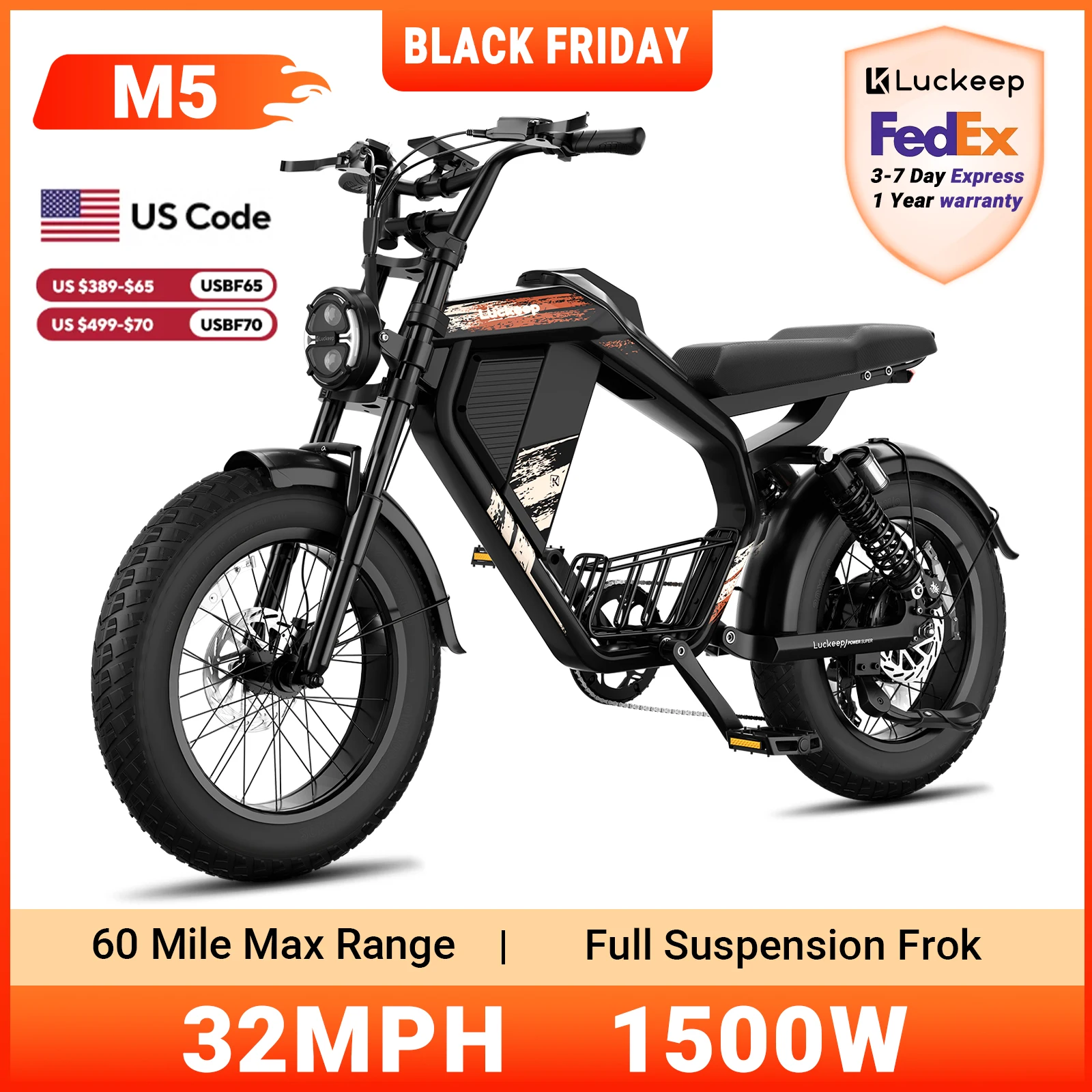 Luckeep M5 Electric Bike for Adults/Teen, 1500W Peak Motor, Max 32MPH,48V 15AH Battery, Max 60 Miles Electric Motorcycle