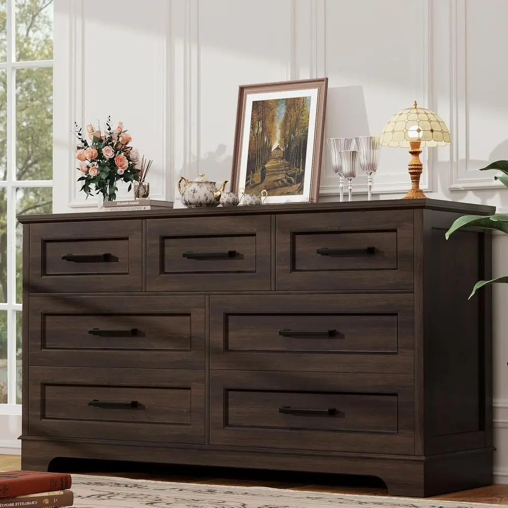 7-Drawer Bedroom Storage Cabinet with Chest and Multi-Level Clothing Organizer, Brown