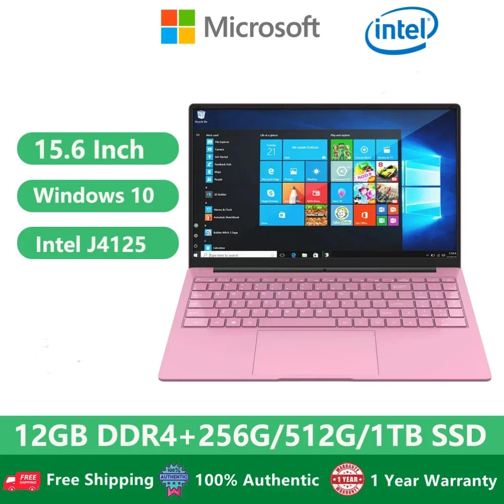 2023 Cheap Woman Laptops Windows 10 Office Pink Notebook Netbook Gaming 15.6" Intel Celeron J4125 12G+1TB Dual WiFi HDMI USB 3.0