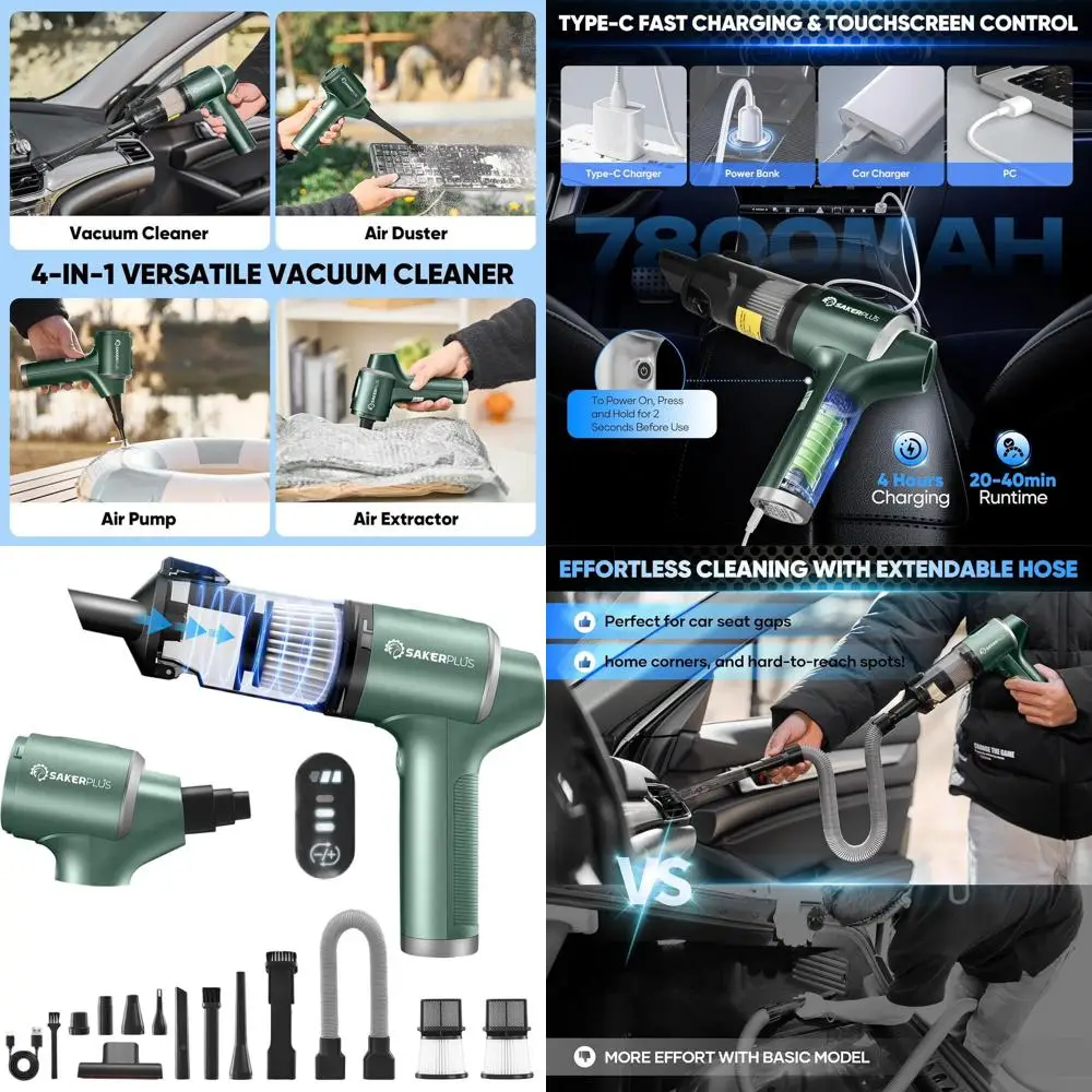 Cordless 20000PA High Power 4-in-1 Portable Vacuum Cleaner with LED Display for Car and Home - Vacuuming, Blowing, Inflating, De