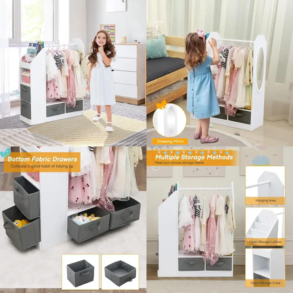 Mirrored Kids' Wardrobe Organizer, 42.13 Portable Closet, Spacious Storage for Children's Rooms, Nursery, White