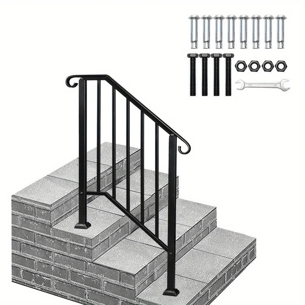 Handrails for Outdoor Steps Matte Black Wrought Iron, Stair Railing for 2-3 Step